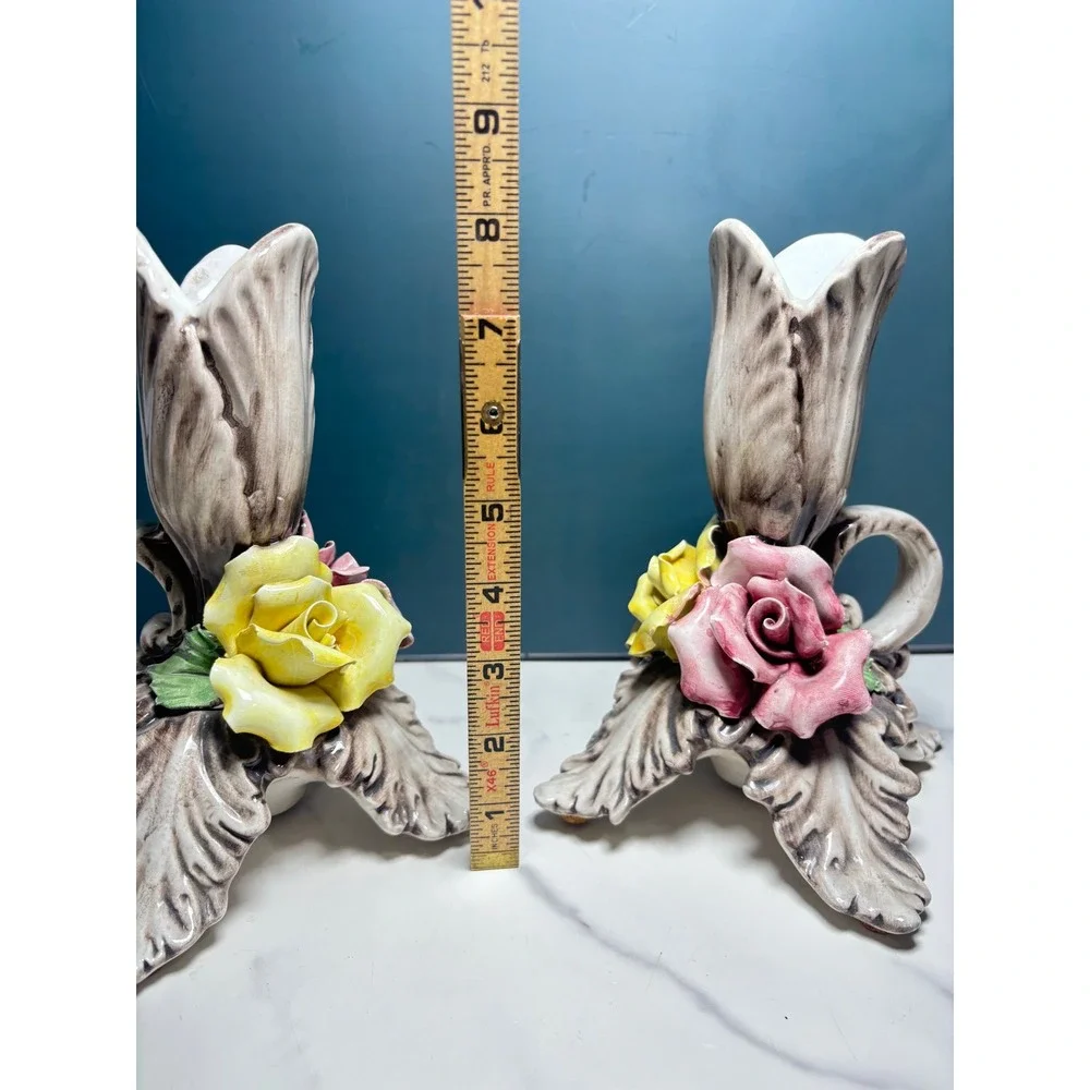 Vintage Capodimonte Italy Ceramic Floral Candlestick Holders Pair 7
